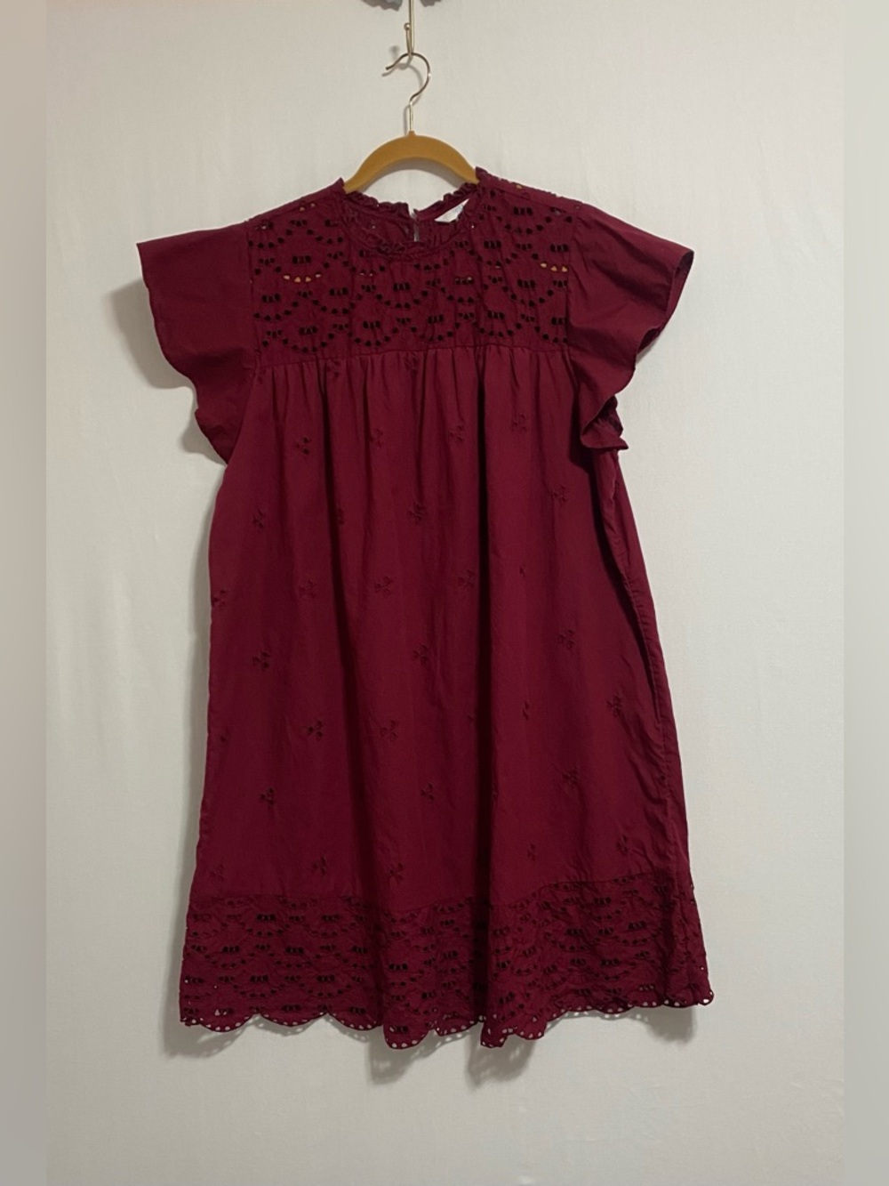 Time and Tru Burgundy Eyelet Midi Dress with Flutter Sleeves